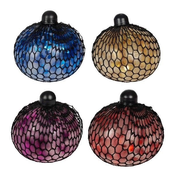 Antistress bold med glitter i net 10cm i 4 farver i kasse 9x9,5x9cm