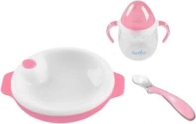 Sæt med termotallerken, silikoneske og kop, Pastel pink
