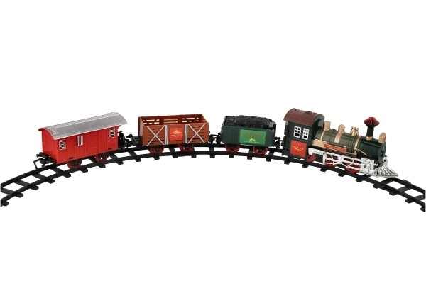 Tog + 3 vogne med skinner 8 stk på batteri med lyd og lys i kasse 41x28x6cm