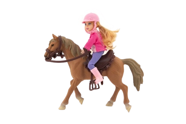 Hest + dukke jockey plastik 20cm i kassen 23x23x9,5cm