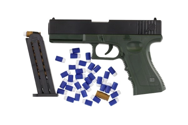 Pistol med skumgummipatroner plast 20cm med lyddæmper, mål, patroner 18 stk i æske 40x28x4,5cm