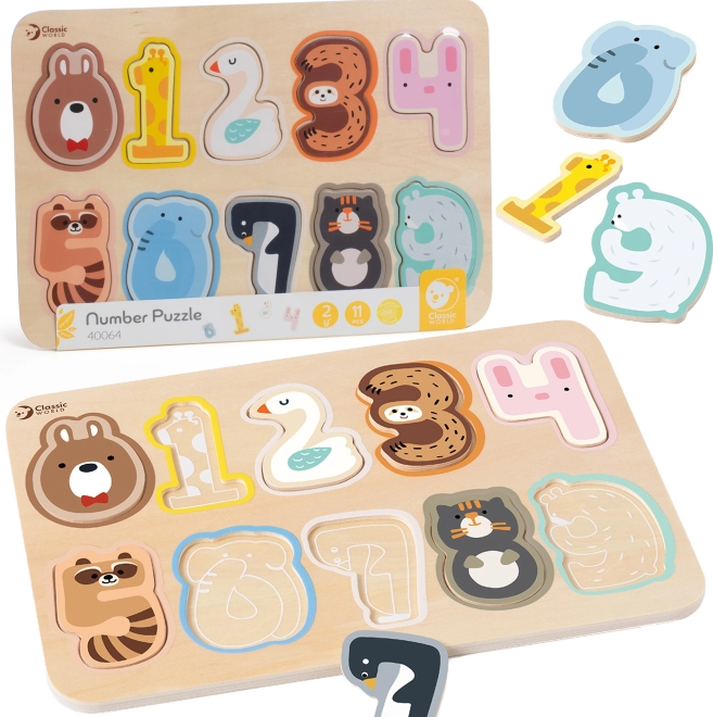 Klassisk Træpuzzle Tal Montessori 11 stk