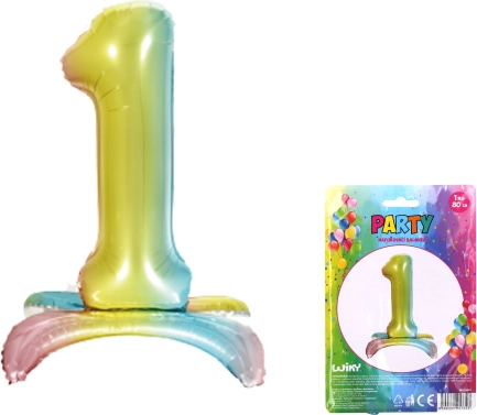 Oppustelig ballon formet som tallet 1 i regnbuefarver 80 cm