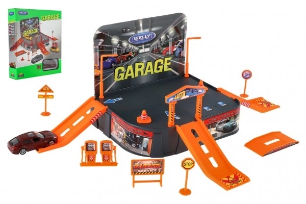 Welly Garage + bil Welly Porsche metal/plastik i kasse 21x25x5,5cm
