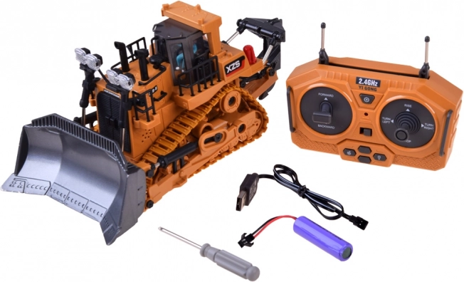 RC bulldozer med bevægelig skovl og fjernbetjening