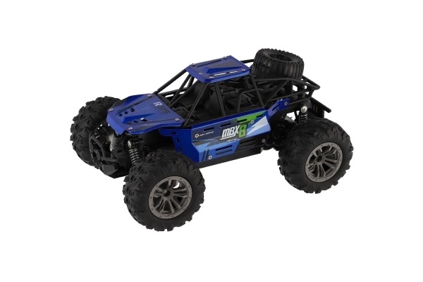 Auto RC buggy terræn blå 22cm plast 2,4GHz på batterier + genopladeligt pack i æske 32x16x18cm