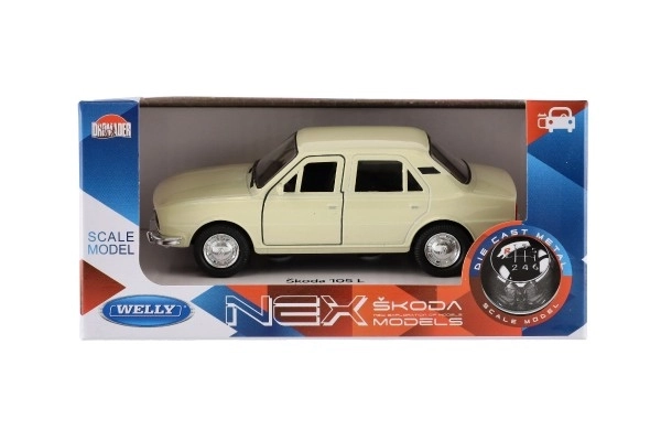 Auto Welly Škoda 105L metal/plast 11cm 1:34-39 på fri hjul 4 farver i æske 15x7x7cm