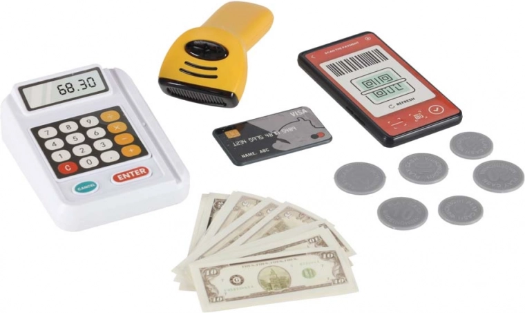 Realistisk indkøb: kasseapparat, scanner og kortbetaling