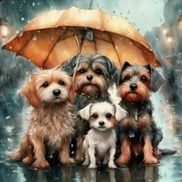 Diamantmosaik - Hundefamilie under paraplyen