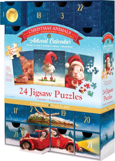 Adventskalender med puslespil Eurographics 24 x 50 stykker – Julemotiver af dyr