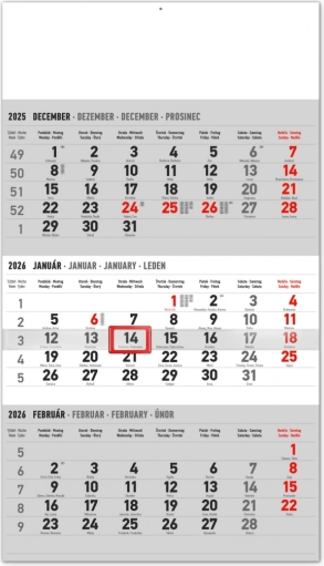 Vægkalender med tre måneder og slovakiske navne 2026, grå