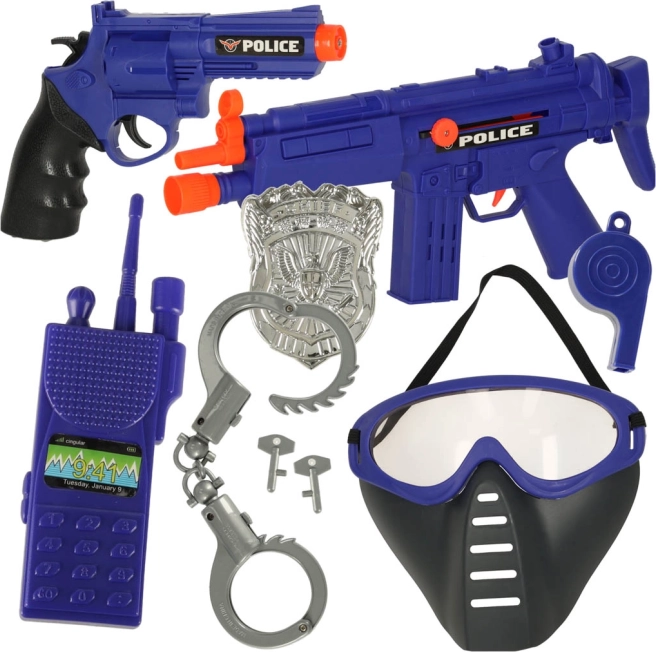 Politilegesæt med pistol, karabin, maske og håndjern