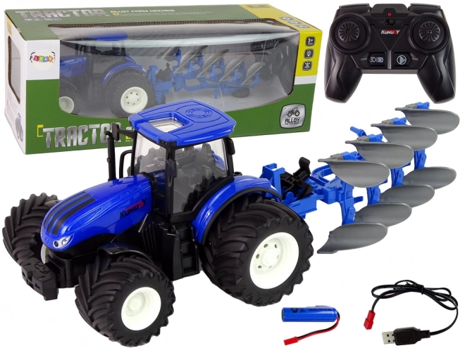 Fjernstyret traktor 1:24 Blå metalplov