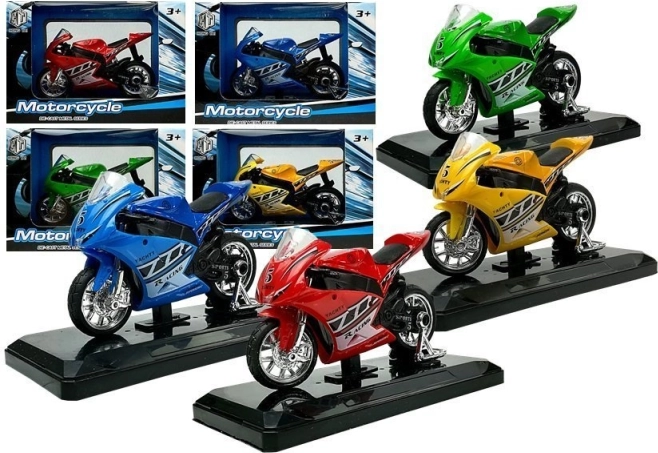 Sportsmotorcykel med lyde 1:18 – metalmodel på sokkel