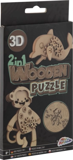 Træ 3D-puslespil 2-i-1 abe og delfin