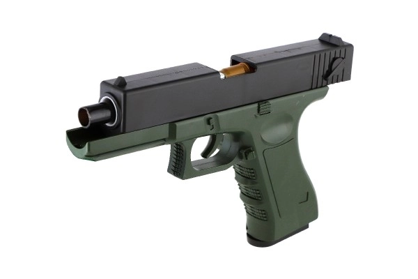 Pistol med skumgummipatroner plast 20cm med lyddæmper, mål, patroner 18 stk i æske 40x28x4,5cm