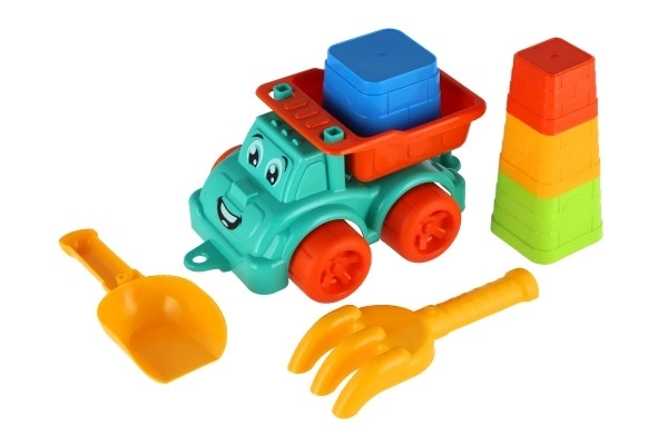 Sæt til sand 6stk plastbil med frit løb med tilbehør 2 farver i net 16x13x21cm 12m+