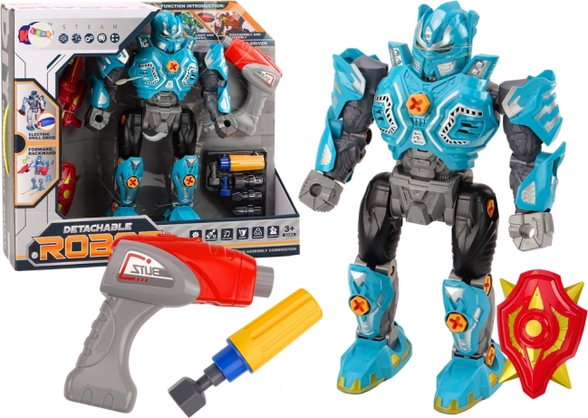 Skruerobot med boremaskine, skjold samt lys- og lydeffekter – turkis