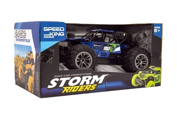 Auto RC buggy terræn blå 22cm plast 2,4GHz på batterier + genopladeligt pack i æske 32x16x18cm
