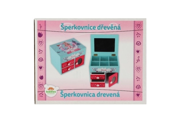 Prinsesse smykkeskrin 3 skuffer afklappelig top med spejl træ 16x12,5x12cm i kasse