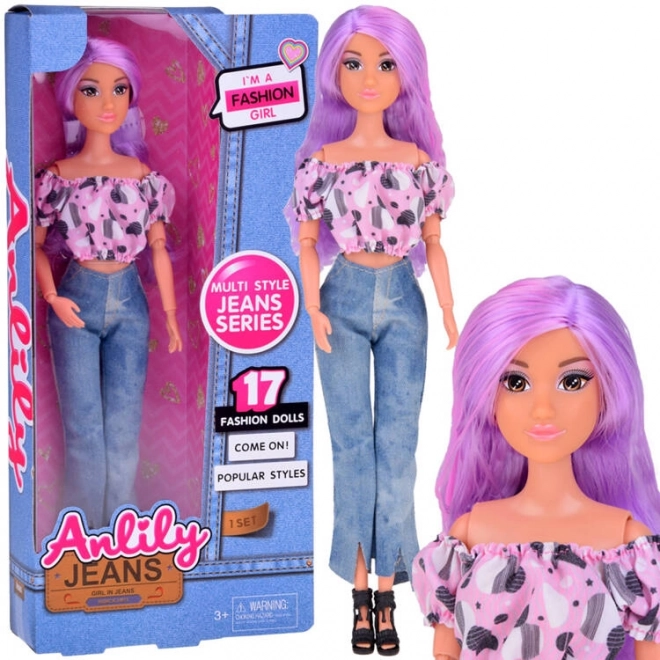 Anlily dukke med langt pastel hår i jeans