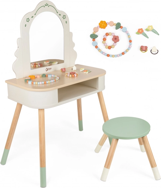 Træ Toiletbord med Rundt Spejl og Tilbehør Pastel Classic World