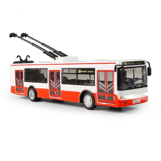 Trolejbus tjekkisk talende plast 29 cm rød fri kørsel på bat. med lys og lyd i æske. 33x11x10cm