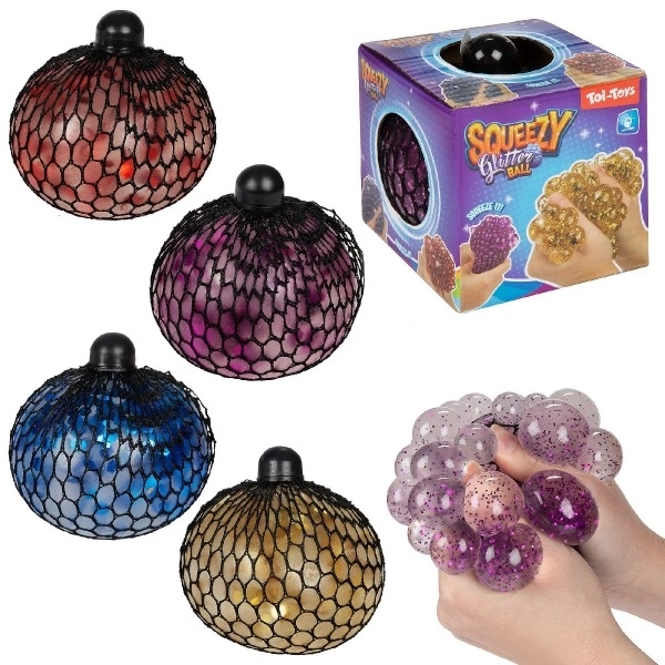 Antistress bold med glitter i net 10cm i 4 farver i kasse 9x9,5x9cm