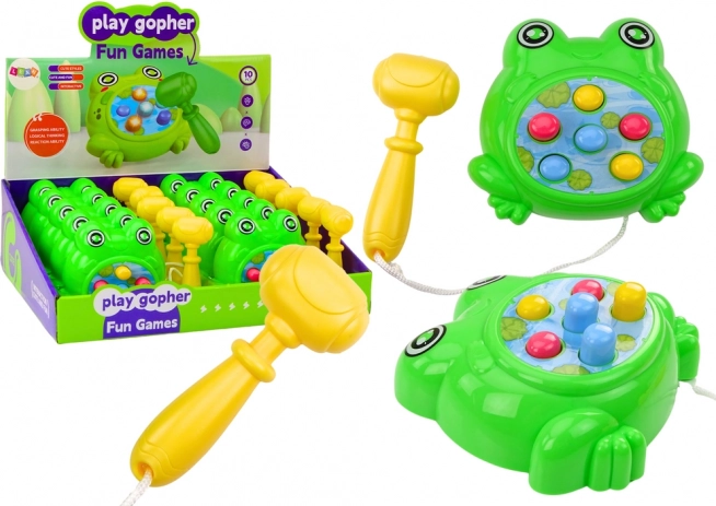 Mini-spillet Frø Wac‑a‑Mole med snorefast hammer – grøn