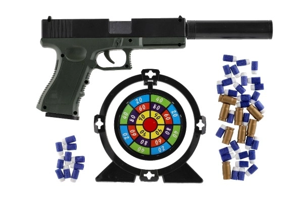 Pistol med skumgummipatroner plast 20cm med lyddæmper, mål, patroner 18 stk i æske 40x28x4,5cm