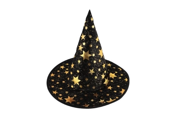 Troldmandshat + kappe til børn diameter 38cm sort-guld i pose karneval