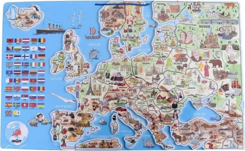 Woody Magnetisk Europakort med billeder og selskabsspil, 3-i-1