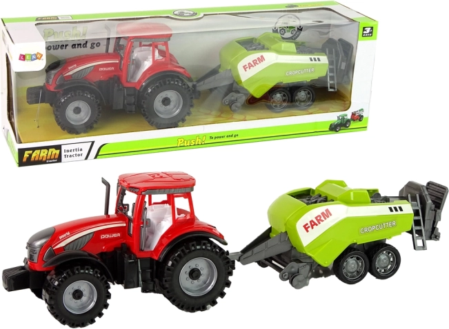 Rød traktor med grøn såmaskine med friktionsdrev