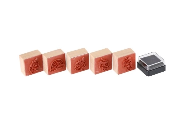 Træstempler 5+1 med pude enhjørninger 3x3cm på kort