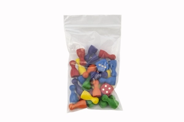 Figurer træ 25mm 24 stk 6 farver+ 2 terninger selskabsspil i pose 7x13cm