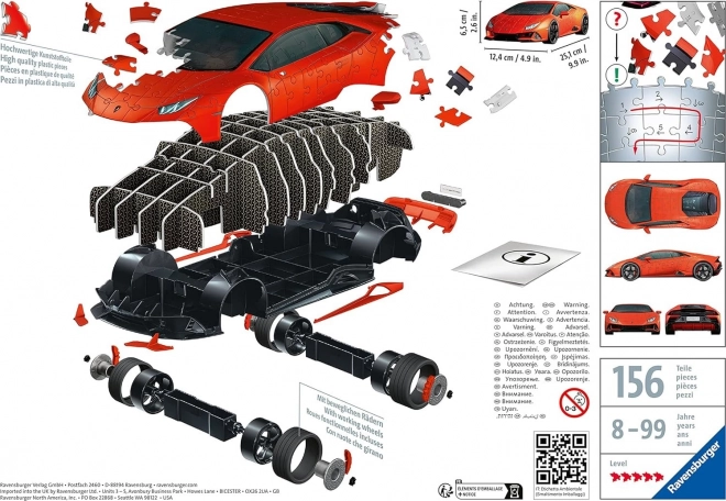 Puslespil 108 brikker 3D Køretøjer Lamborghini Huracan Evo Arancio
