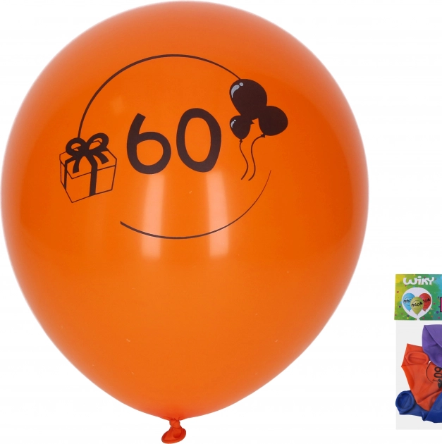 Balloner med tallet 60, 30 cm, mix af farver, sæt 5 stk