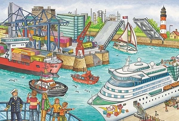 Livlig havn og skibstrafik