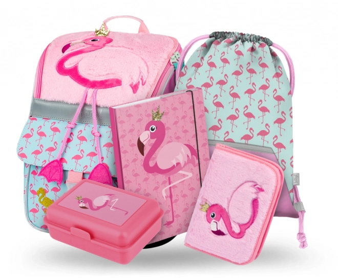 BAAGL 5 SET Zippy Flamingo: skoletaske, penalhus, pose, mapper, boks