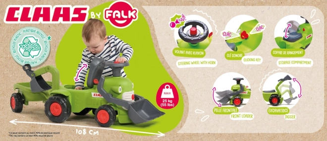 Kørende traktor Claas med trailer, læsser og skovl