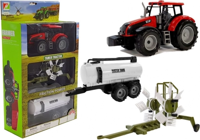 Traktor med trailer, rive og tank – rød