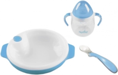 Sæt med termotallerken, silikoneske og krus, Pastel blue