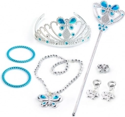Prinsessesæt med krone, armbånd og øreringe – blå