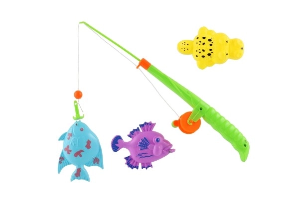 Fiskespil/fisker magnetisk plastik 3 stk.+stang plastik 34cm mix farver på kort