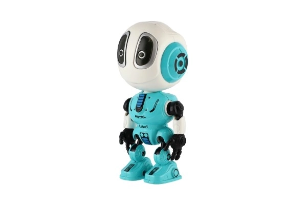 Robot ECHO gentagende sætninger metal 12cm blå på batterier med lyd og lys i æske 10,5x15x5,5cm