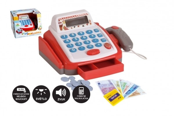 Lille digital plastik kasseapparat 18cm med tilbehør på batterier med lyd og lys i kassen 22x15x18cm