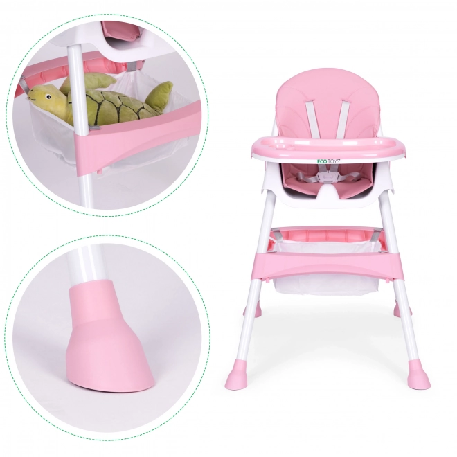 Børnestol med bakke og kurv, fempunktssele ECOTOYS – lyserød