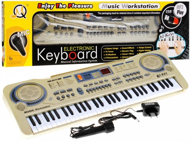 Beige tastatur til børn 5+ Mikrofon + optagelse + USB MP3 - model nr. 811