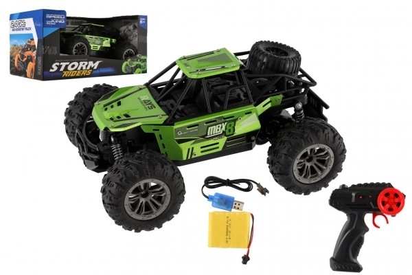 Auto RC buggy terræn grøn 22cm plast 2,4GHz med batteri + opladningspakke i kasse 32x16x18cm