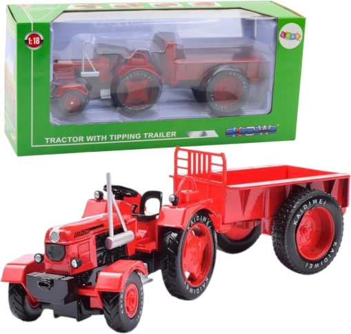 Metalrød traktor med trailer 1:18